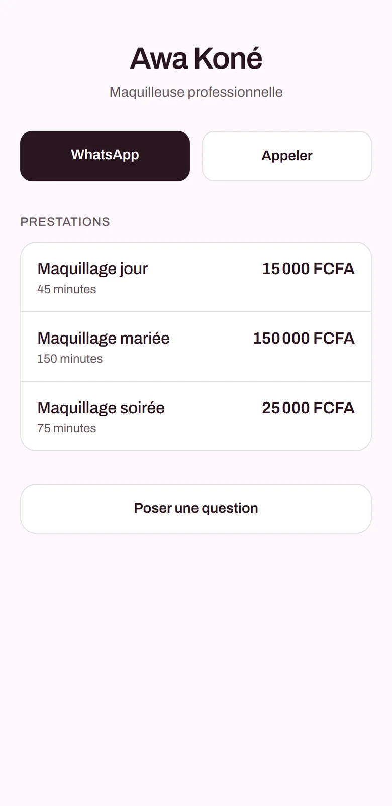 La page publique d’une maquilleuse : son nom, ses prestations, ses tarifs